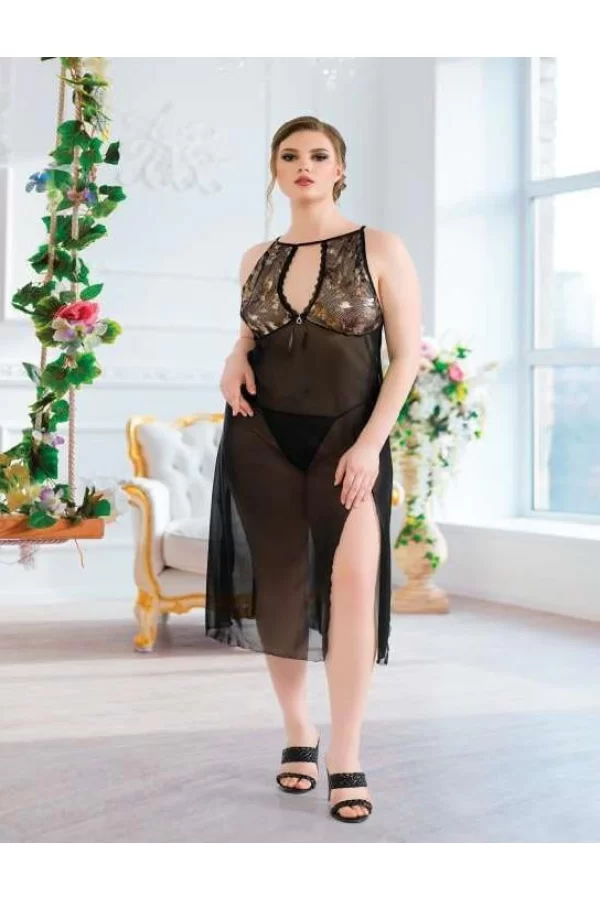 Luz&Pos Arias Closet Büyük Beden Siyah Tül Fantezi Uzun Yırtmaçlı Gecelik