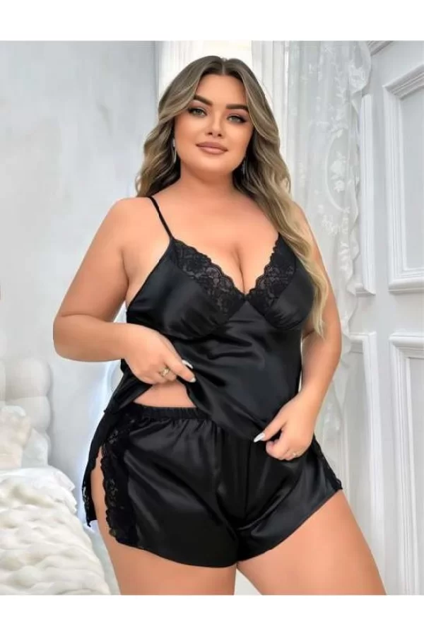 Luz&Pos Arias Closet Büyük Beden Siyah Yırtmaç Dantel İşlemeli Saten Şortlu Takım