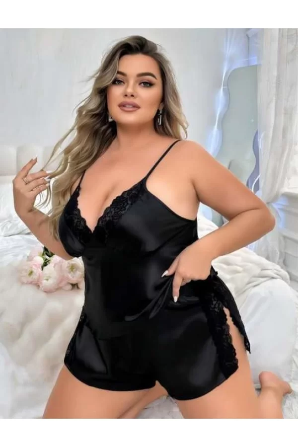 Luz&Pos Arias Closet Büyük Beden Siyah Yırtmaç Dantel İşlemeli Saten Şortlu Takım