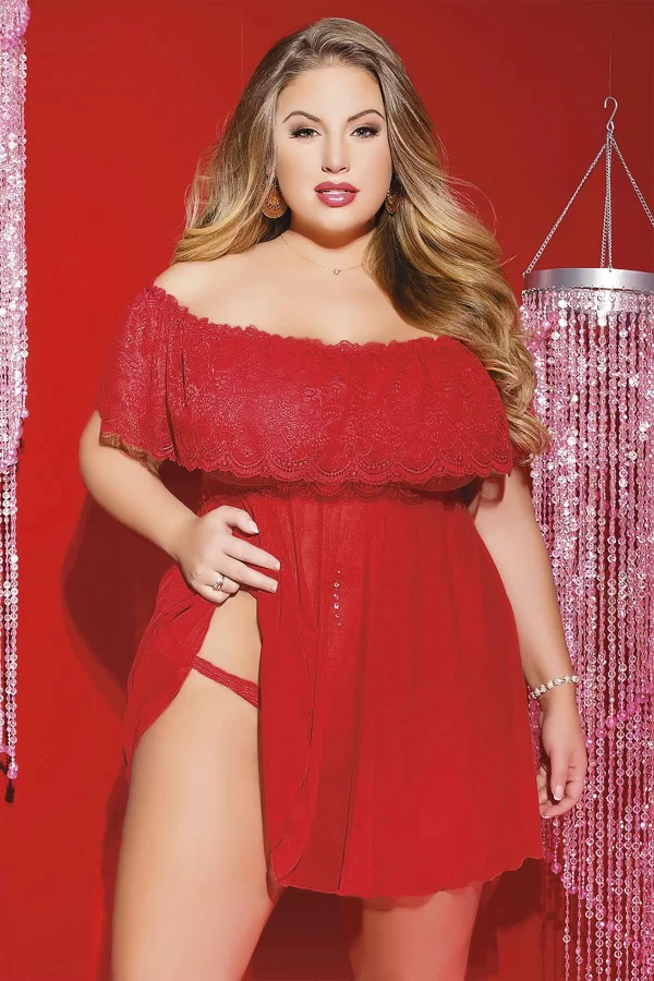 Luz&Pos Arias Closet Büyük Beden Üst Kısmı Dantel Alt Kısmı Likralı Tül Fantezi Kırmızı Gecelik