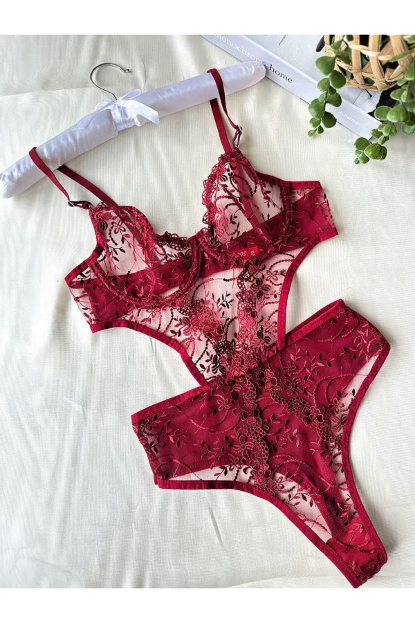 Luz&Pos Arias Closet Çiçek Desenli Bordo Bodysuit