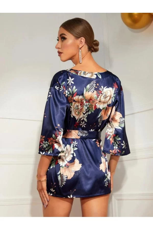 Luz&Pos Arias Closet Çiçek Desenli Mavi Mini Saten Gecelik Sabahlık