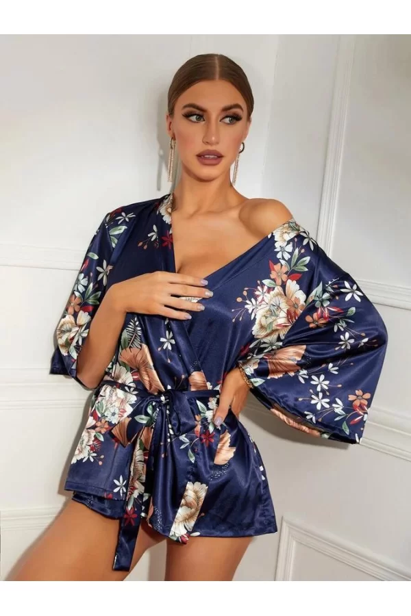 Luz&Pos Arias Closet Çiçek Desenli Mavi Mini Saten Gecelik Sabahlık