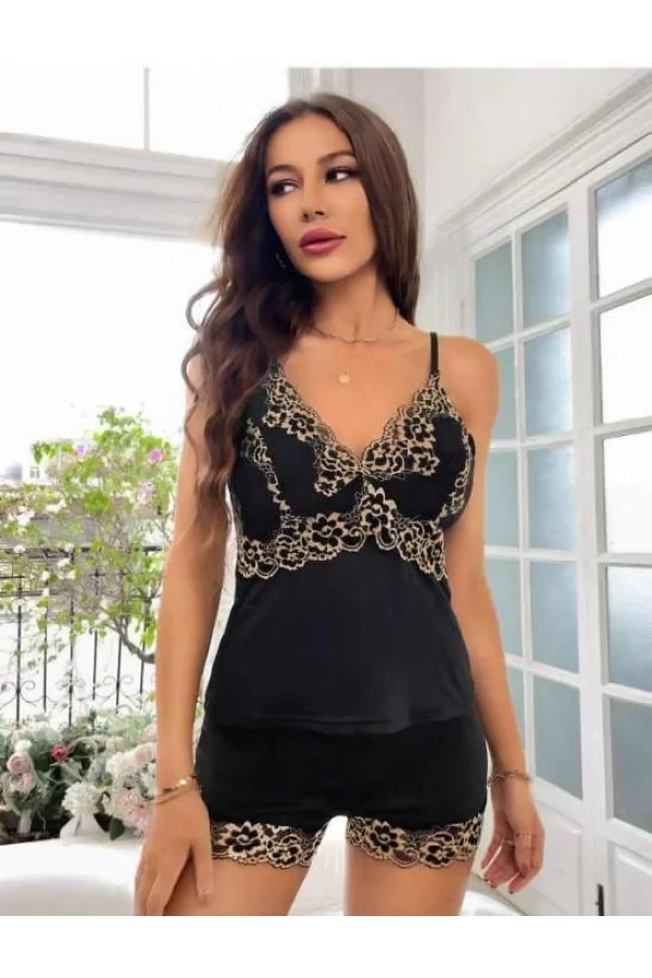 Luz&Pos Arias Closet Dantel İşlemeli Siyah İnce Askılı Saten Şortlu Takım