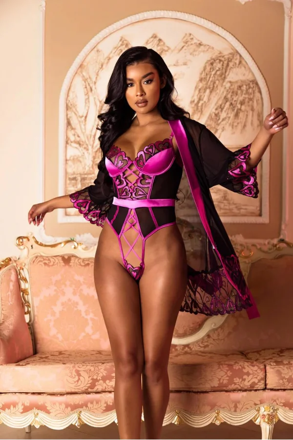 Luz&Pos Arias Closet Fuşya Dantel İşlemeli Kalp Desenli Fantezi Gecelik Body Takımı