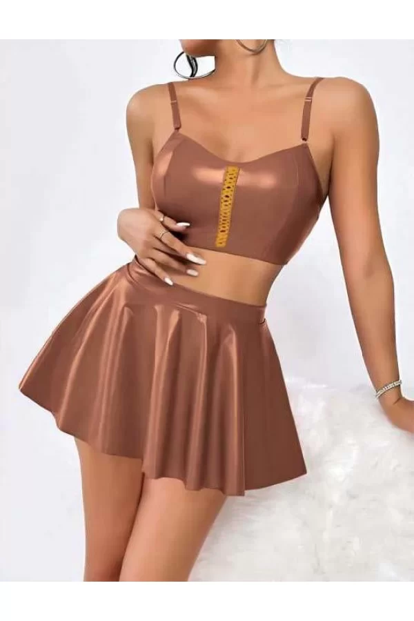 Luz&Pos Arias Closet Kahverengi Etekli Fantezi Deri Şık Elbise