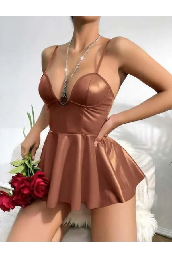 Luz&Pos Arias Closet Kahverengi Parlak Lame Fantezi Deri Elbise