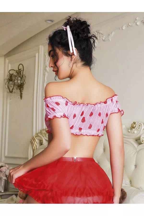 Luz&Pos Arias Closet Kalp Desenli Fantezi Kırmızı Gecelik