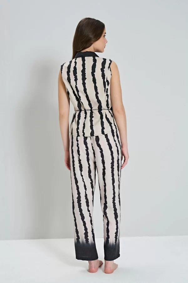 Luz&Pos Arias Closet Keten Dokuma Çizgi Desenli Önden Düğmeli 2li Takım