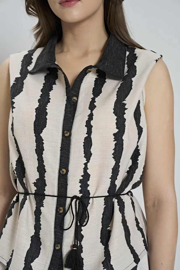 Luz&Pos Arias Closet Keten Dokuma Çizgi Desenli Önden Düğmeli 2li Takım