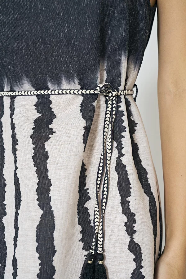 Luz&Pos Arias Closet Keten Dokuma Yırtmaçlı Çizgi Desenli Uzun Elbise