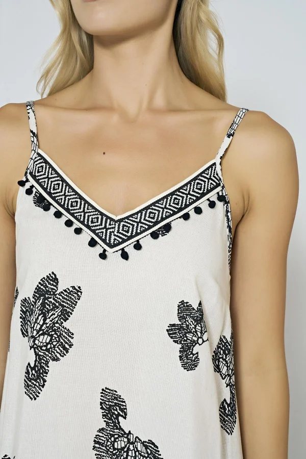 Luz&Pos Arias Closet Keten Dokuma Yırtmaçlı İnce Askılı Desenli Uzun Elbise
