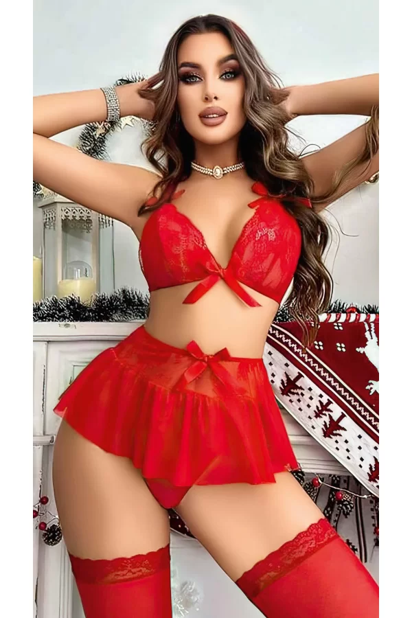 Luz&Pos Arias Closet Kırmızı Dantel İşlemeli Etekli Sütyen Fantezi Takım