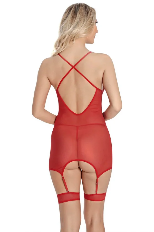 Luz&Pos Arias Closet Kırmızı Dantel İşlemeli Göğüs İp Detaylı Fantezi Jartiyer Takımı