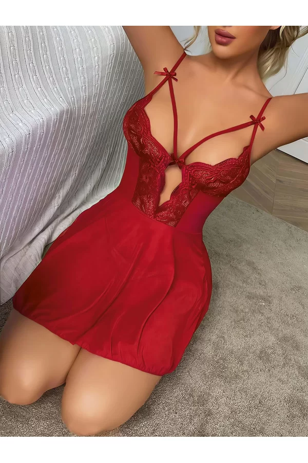 Luz&Pos Arias Closet Kırmızı Dantel İşlemeli Göğüs İp Detaylı Fantezi Tül Gecelik Takımı