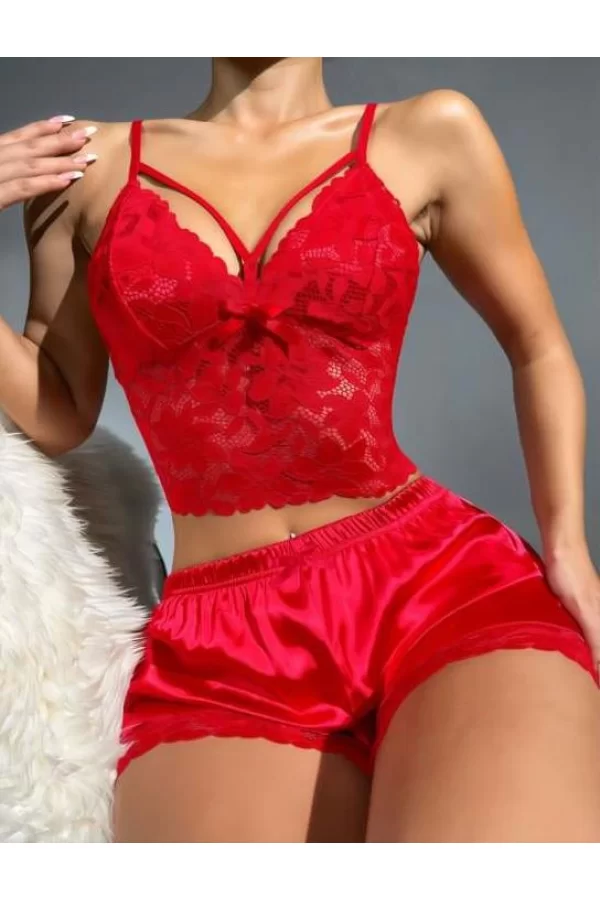 Luz&Pos Arias Closet Kırmızı Dantelli Büstiyer İnce Askılı Saten Şortlu Takım