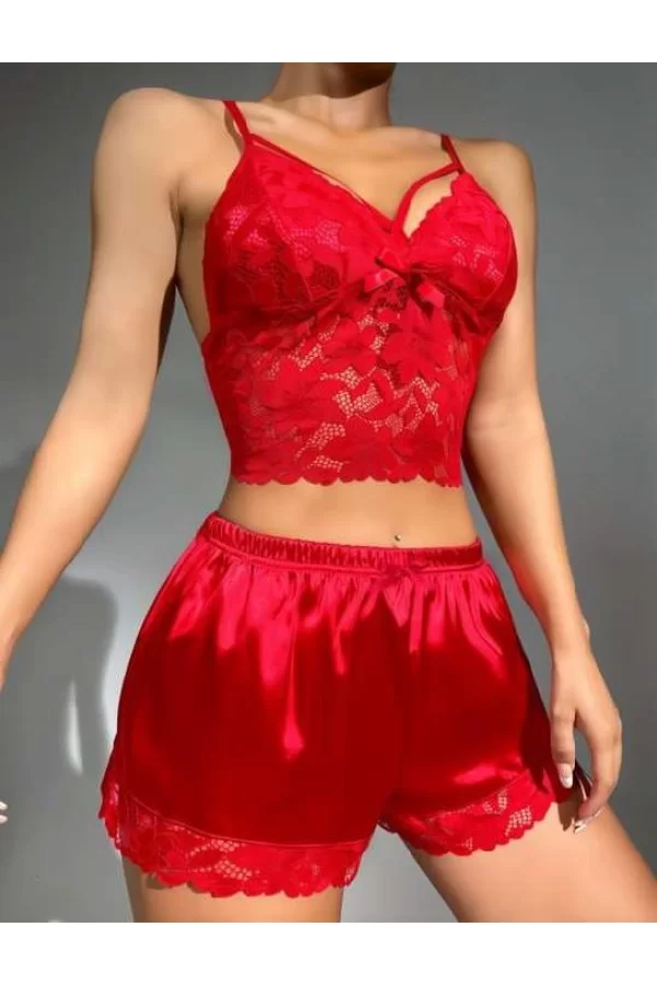Luz&Pos Arias Closet Kırmızı Dantelli Büstiyer İnce Askılı Saten Şortlu Takım