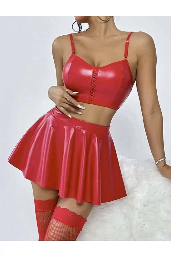Luz&Pos Arias Closet Kırmızı Etekli Fantezi Deri Şık Elbise