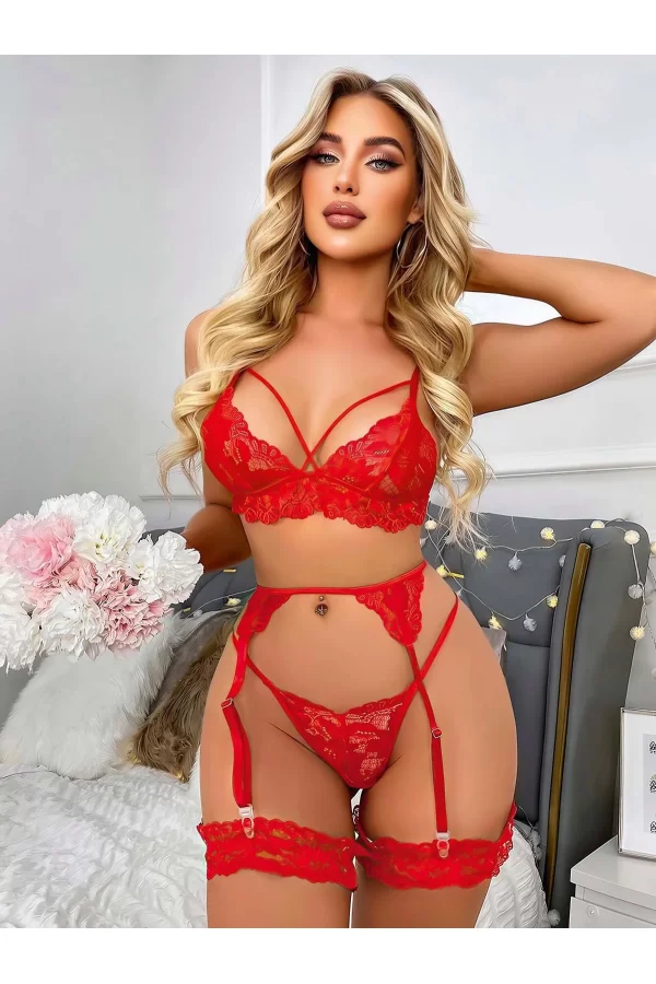 Luz&Pos Arias Closet Kırmızı Göğüs İp Detaylı Dantel İşlemeli Fantezi Jartiyer Takımı