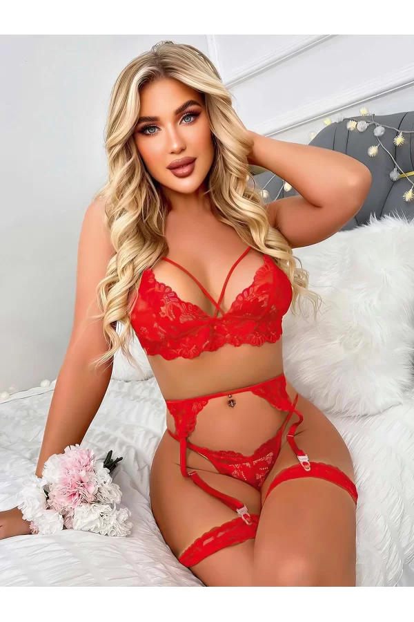 Luz&Pos Arias Closet Kırmızı Göğüs İp Detaylı Dantel İşlemeli Fantezi Jartiyer Takımı