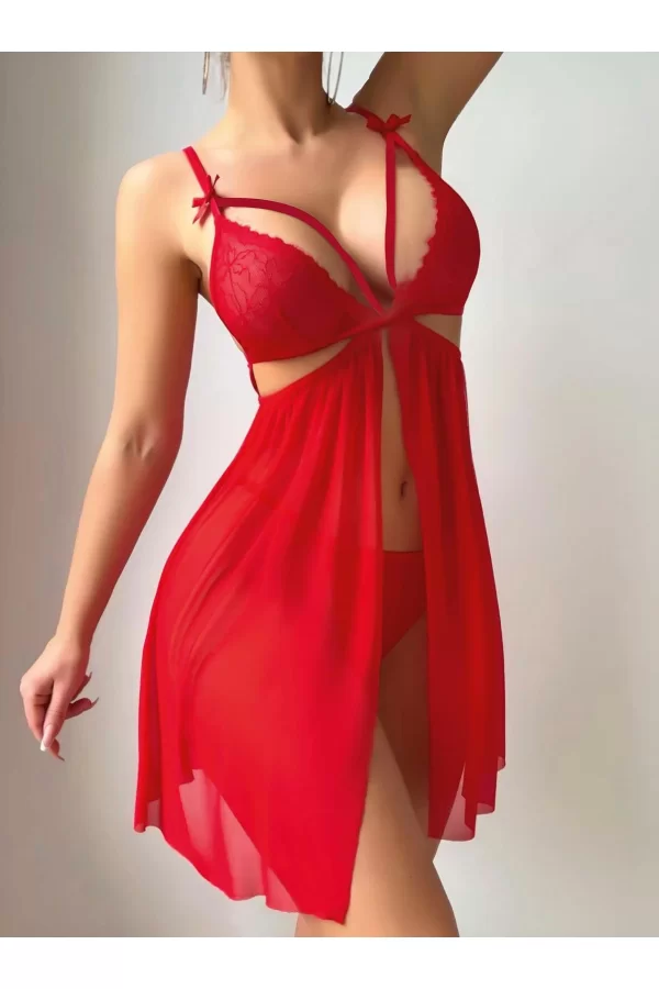 Luz&Pos Arias Closet Kırmızı Göğüs İp Detaylı Dantel İşlemeli Tül Gecelik