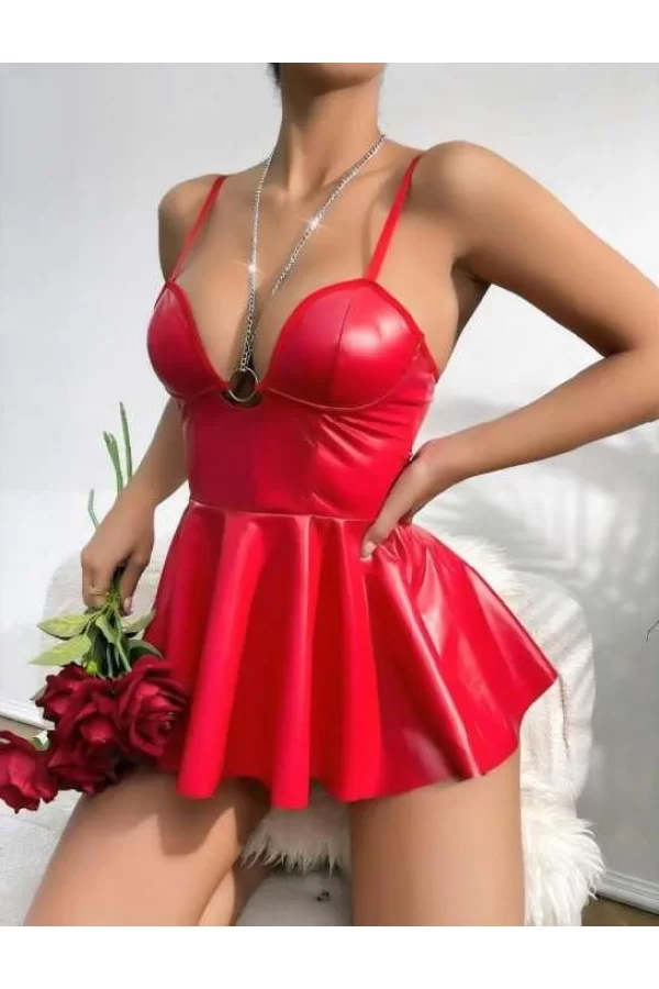 Luz&Pos Arias Closet Kırmızı Parlak Lame Fantezi Deri Elbise