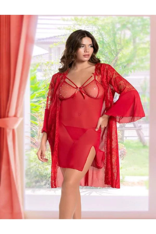Luz&Pos Arias Closet Kırmızı Transparan Dantel İşlemeli Tül Yırtmaçlı 2li Gecelik Takımı