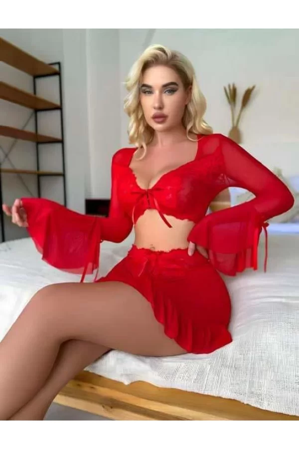 Luz&Pos Arias Closet Kırmızı Transparan Fantezi Etekli Gecelik Takım