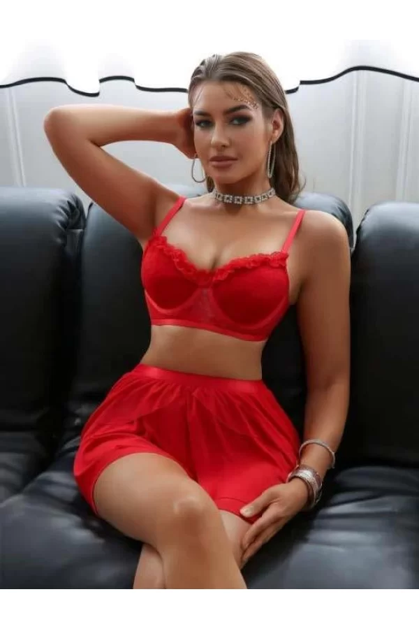 Luz&Pos Arias Closet Kırmızı Tül Fırfırlı Etekli Sütyen Takım