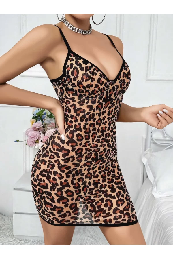 Luz&Pos Arias Closet Leopar Desenli Sırt Dekolteli Fantezi Gecelik