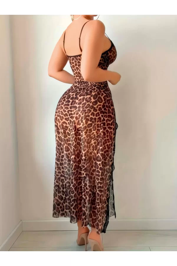 Luz&Pos Arias Closet Leopar Desenli Yırtmaçlı Fantezi Uzun Gecelik