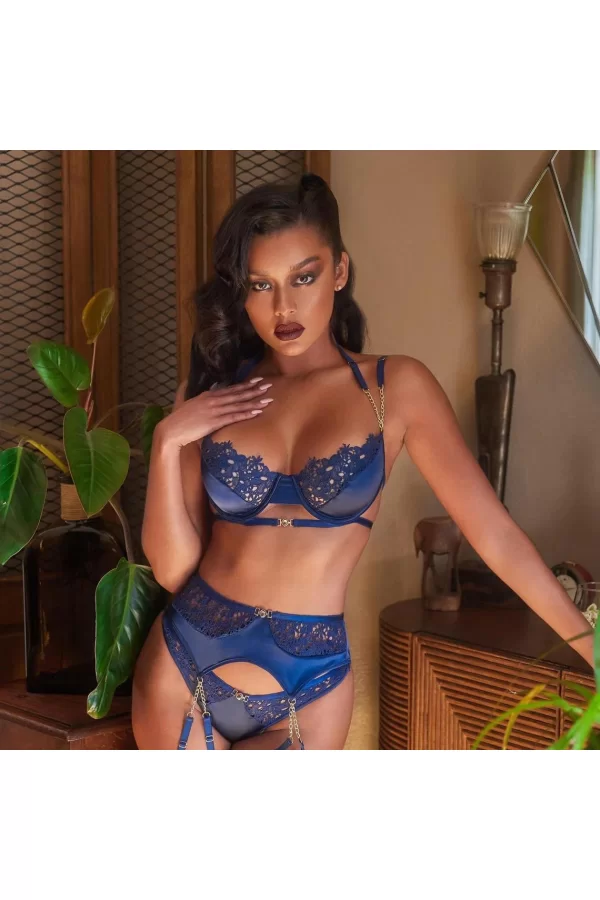 Luz&Pos Arias Closet Mavi Dantel İşlemeli Zincir Detaylı Fantezi Jartiyer Takımı