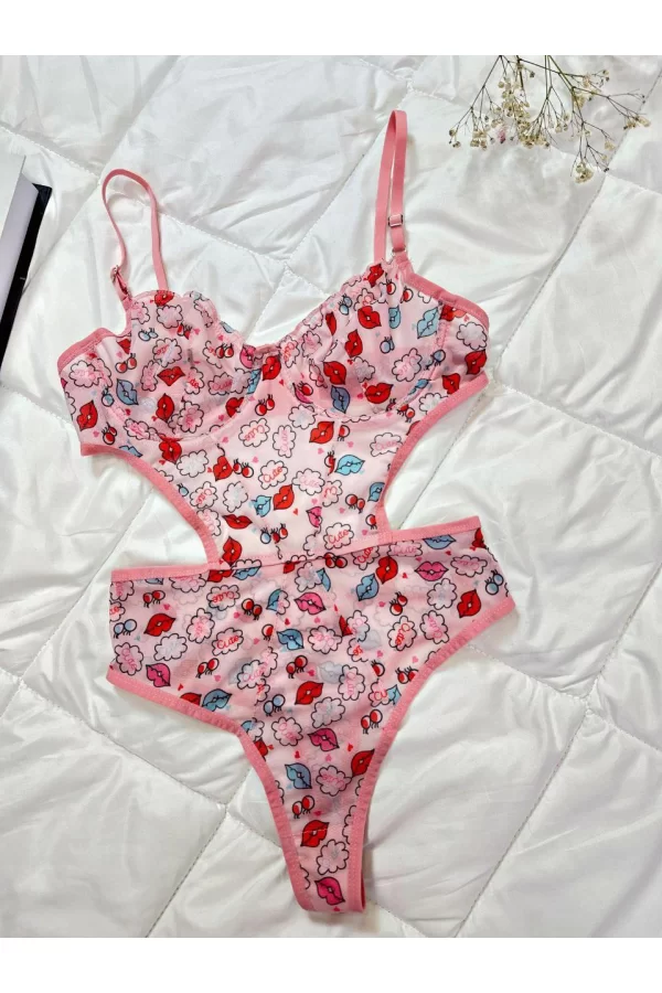 Luz&Pos Arias Closet Öpücük Desenli Pembe Bodysuit