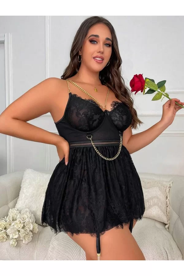 Luz&Pos Arias Closet Özel Tasarım Büyük Beden Fantezi Zincir Detaylı Dantelli Gecelik