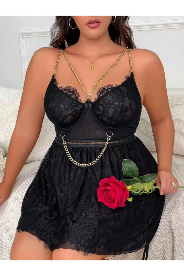 Luz&Pos Arias Closet Özel Tasarım Büyük Beden Fantezi Zincir Detaylı Dantelli Gecelik