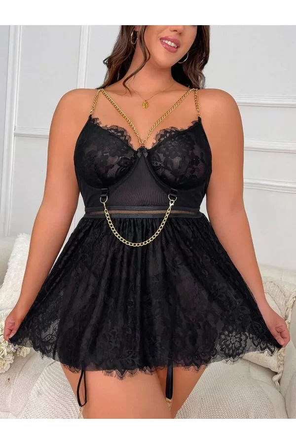 Luz&Pos Arias Closet Özel Tasarım Büyük Beden Fantezi Zincir Detaylı Dantelli Gecelik