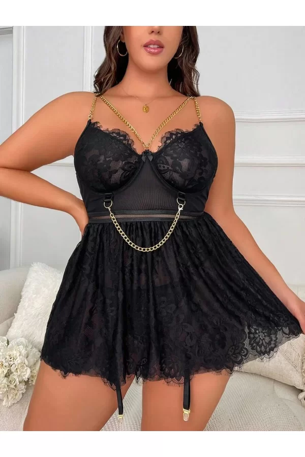 Luz&Pos Arias Closet Özel Tasarım Büyük Beden Fantezi Zincir Detaylı Dantelli Gecelik