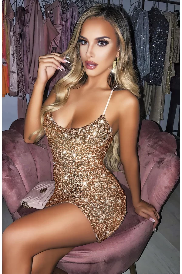 Luz&Pos Arias Closet Özel Tasarım Gold Payetli Işıltılı Sırt Dekolteli Fantezi Mini Club Elbisesi