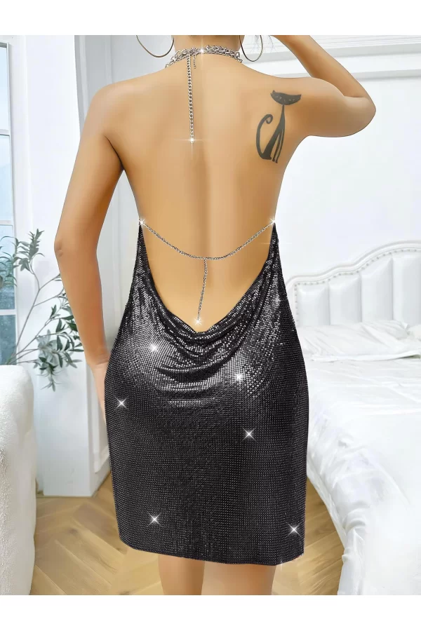 Luz&Pos Arias Closet Özel Tasarım Siyah Payetli Zincir Detaylı Parlak Işıltılı Sırt Dekolteli Fantezi Mini Club Elbisesi