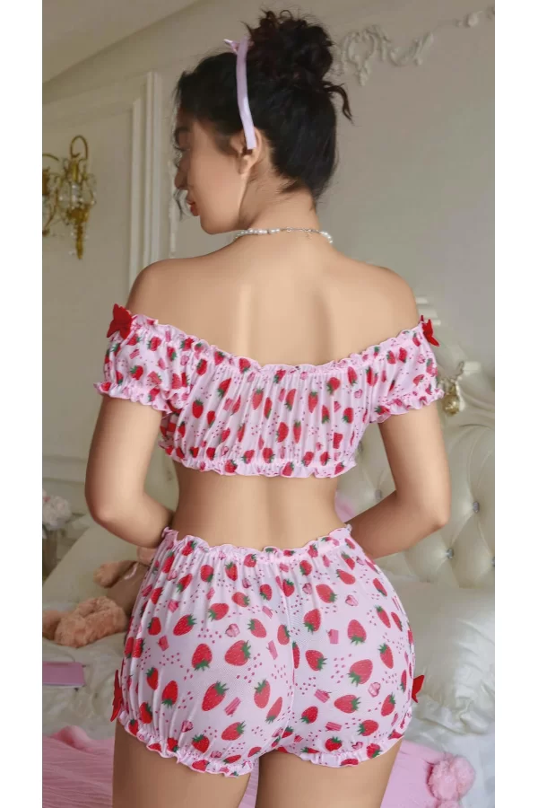 Luz&Pos Arias Closet Pembe Çilek Desenli Şortlu Fantezi Sütyen Takımı