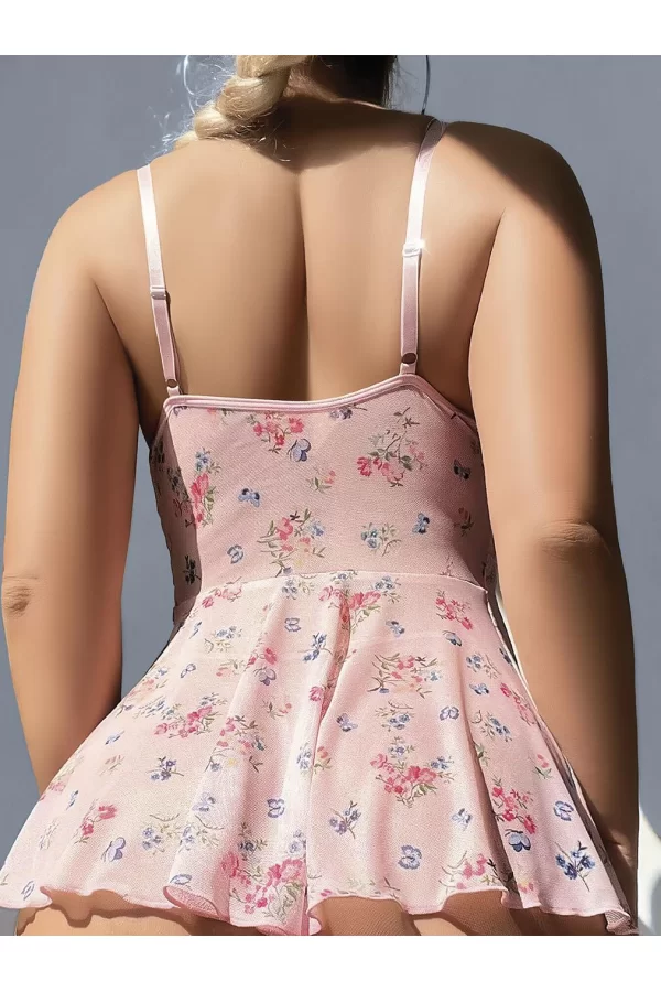 Luz&Pos Arias Closet Pembe Dantel İşlemeli Çiçek Desenli Fantezi Gecelik