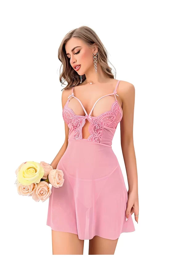 Luz&Pos Arias Closet Pembe Dantel İşlemeli Göğüs İp Detaylı Fantezi Tül Gecelik Takımı