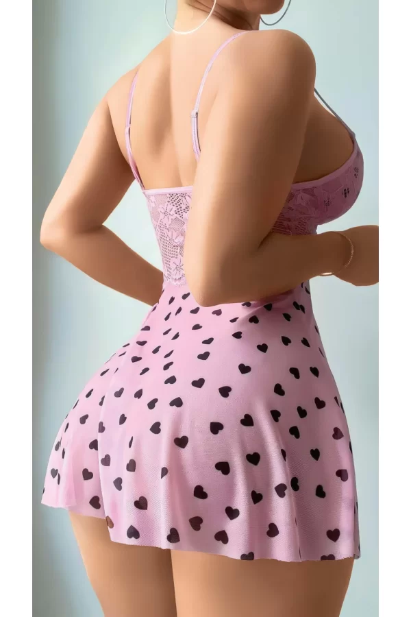 Luz&Pos Arias Closet Pembe Kalp Desenli Dantel İşlemeli Fantezi Gecelik
