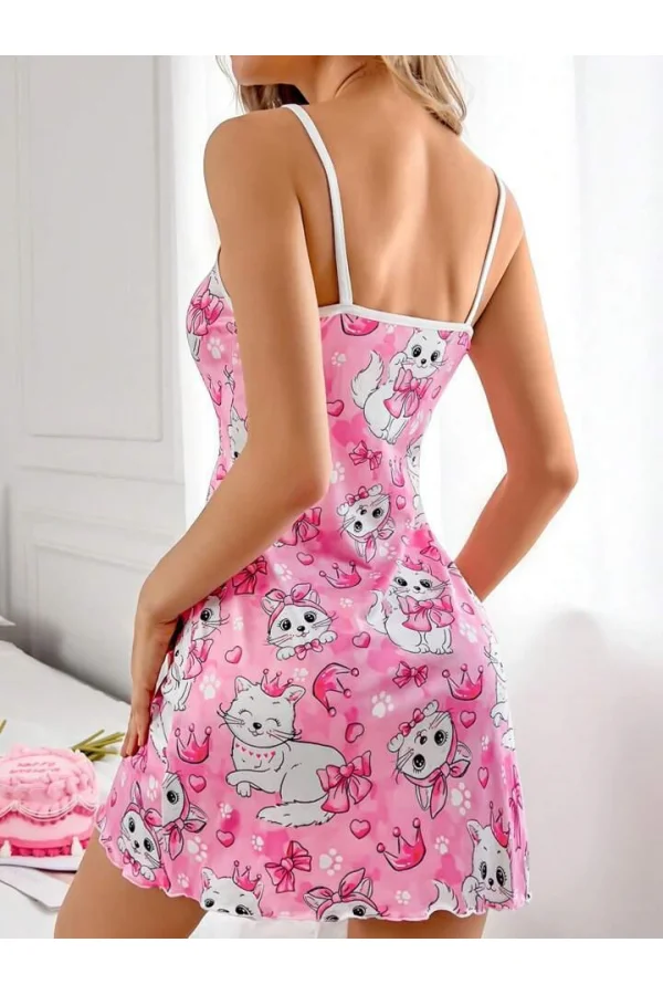 Luz&Pos Arias Closet Pembe Kedi Desenli Fantezi Gecelik
