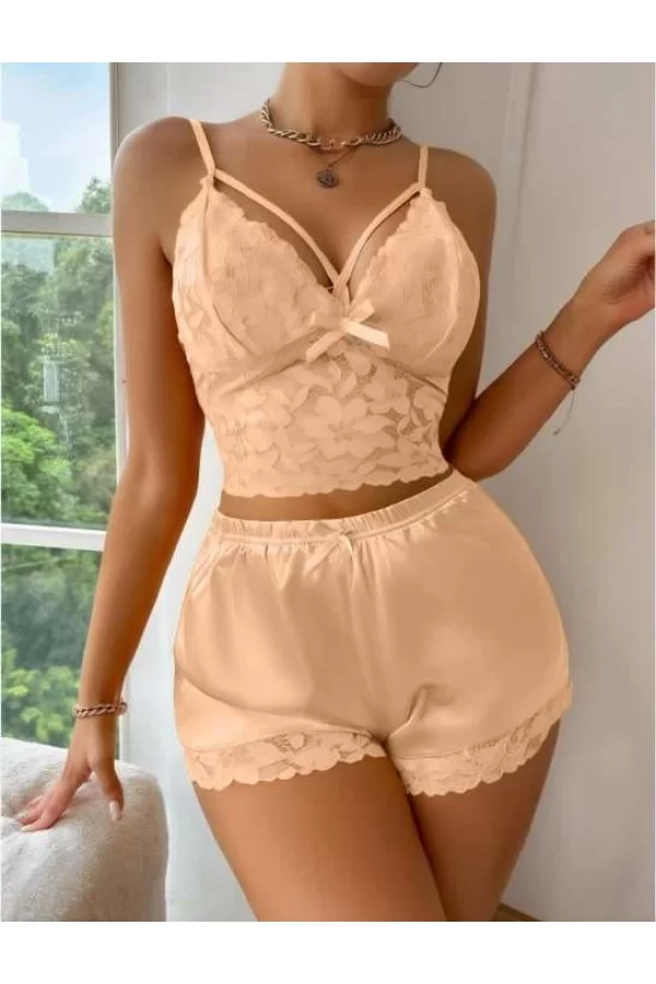 Luz&Pos Arias Closet Sarı Dantelli Büstiyer İnce Askılı Saten Şortlu Takım