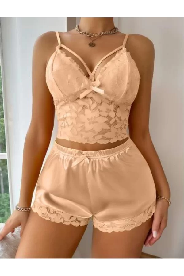 Luz&Pos Arias Closet Sarı Dantelli Büstiyer İnce Askılı Saten Şortlu Takım