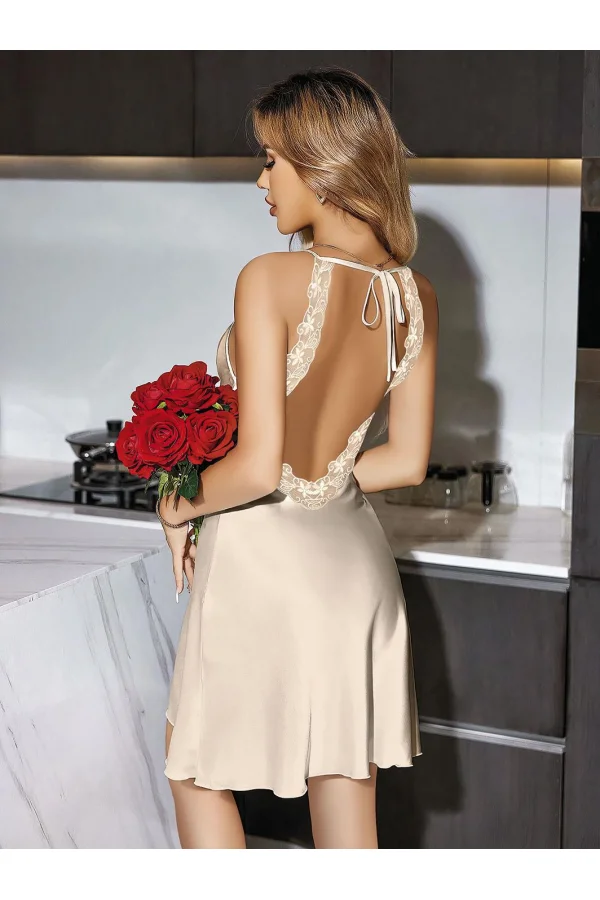 Luz&Pos Arias Closet Sırt Dantel Dekolteli Ekru Saten Gecelik
