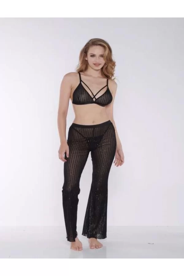 Luz&Pos Arias Closet Siyah Çizgili Transparan Göğüs İp Detaylı Fantezi Sütyen Pijama Takımı