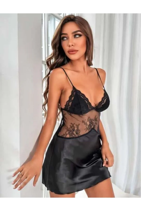 Luz&Pos Arias Closet Siyah Dantel Detaylı İnce Askılı Saten Kısa Fantezi Gecelik