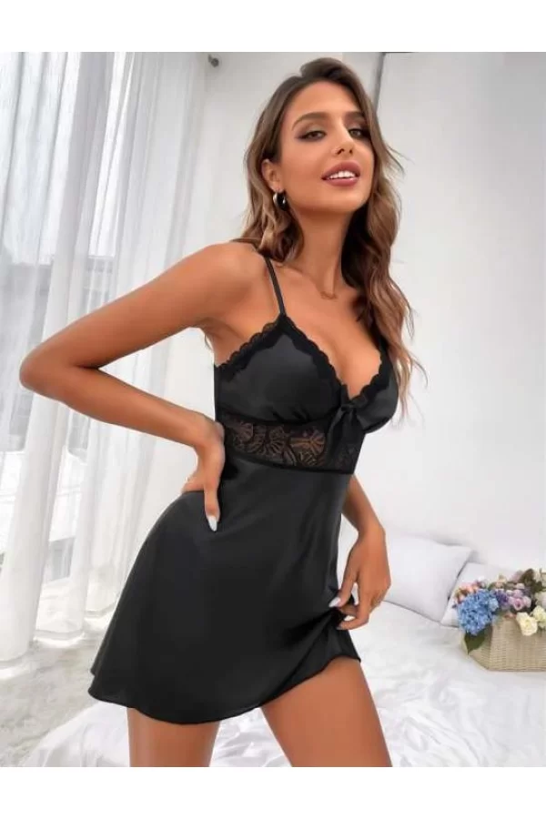 Luz&Pos Arias Closet Siyah Dantel Detaylı İnce Askılı Saten Kısa Fantezi Gecelik